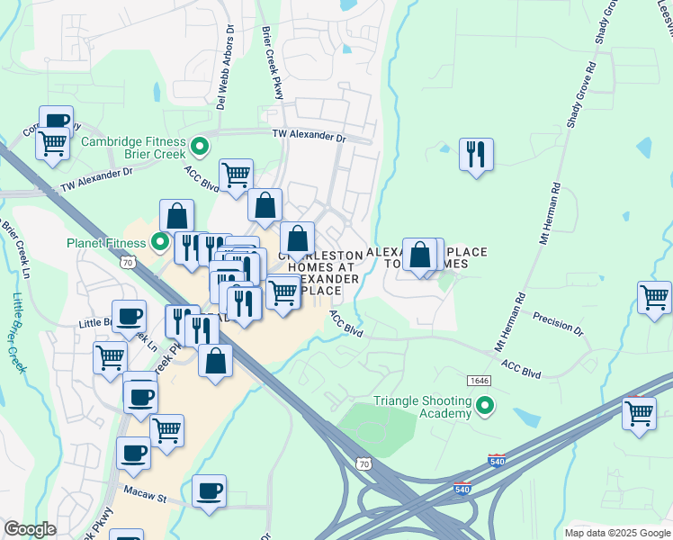 map of restaurants, bars, coffee shops, grocery stores, and more near 7736 ACC Boulevard in Raleigh