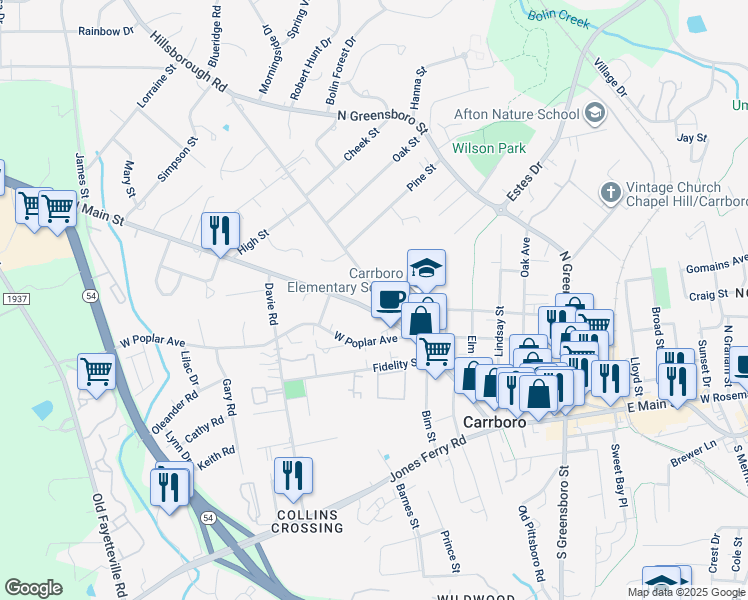 map of restaurants, bars, coffee shops, grocery stores, and more near 204 Hillsborough Road in Carrboro