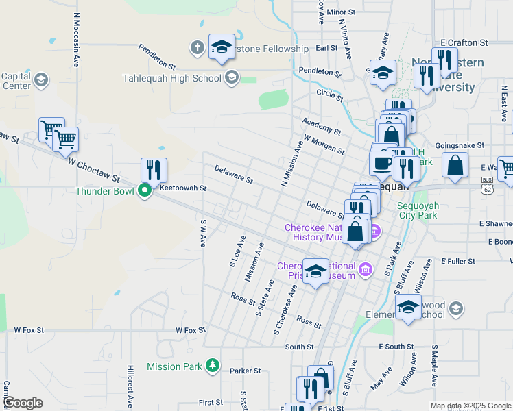 map of restaurants, bars, coffee shops, grocery stores, and more near 604 8 West Keetoowah Street in Tahlequah