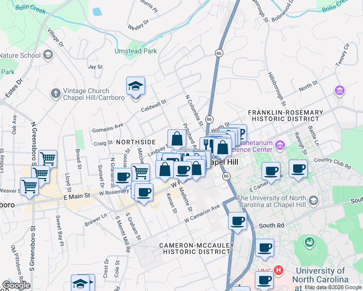 map of restaurants, bars, coffee shops, grocery stores, and more near 306 Church Street in Chapel Hill
