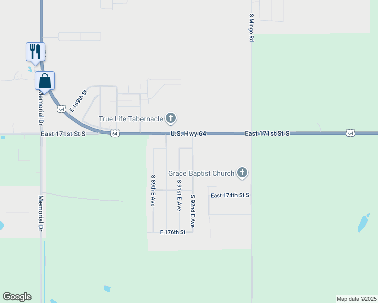 map of restaurants, bars, coffee shops, grocery stores, and more near 17208 South 92nd East Avenue in Bixby