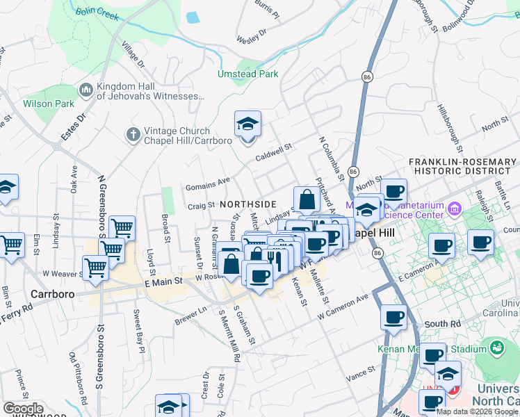 map of restaurants, bars, coffee shops, grocery stores, and more near 408 Mitchell Lane in Chapel Hill