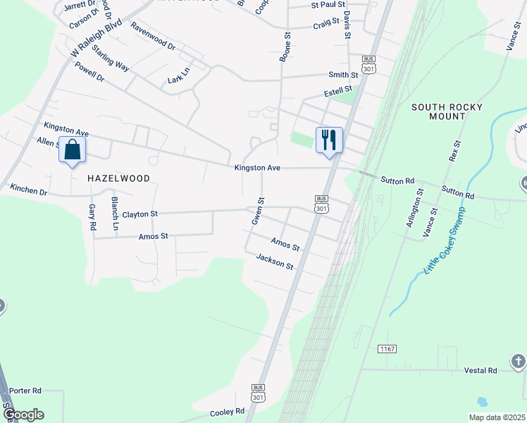 map of restaurants, bars, coffee shops, grocery stores, and more near 2601 Gwen Street in Rocky Mount