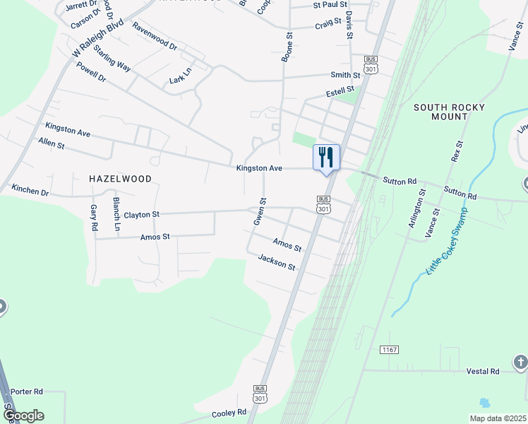 map of restaurants, bars, coffee shops, grocery stores, and more near 2601 Gwen Street in Rocky Mount