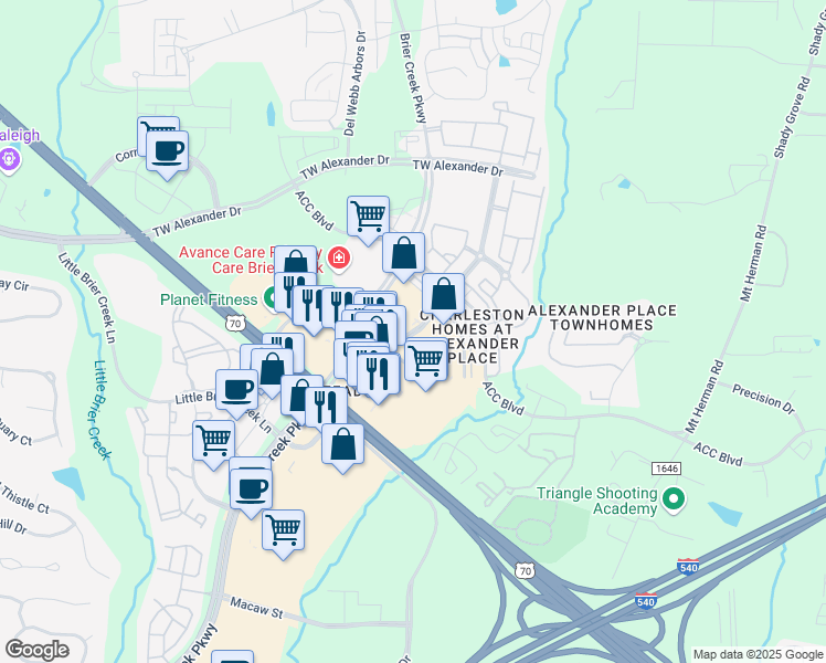 map of restaurants, bars, coffee shops, grocery stores, and more near 7822 Alexander Promenade PI in Raleigh