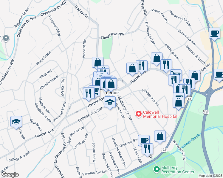 map of restaurants, bars, coffee shops, grocery stores, and more near in Lenoir