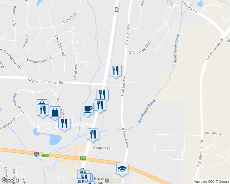 map of restaurants, bars, coffee shops, grocery stores, and more near 4208 South Alston Avenue in Durham