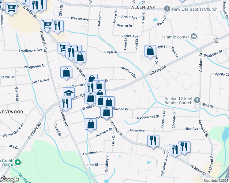 map of restaurants, bars, coffee shops, grocery stores, and more near 218 Liberty Road in Archdale