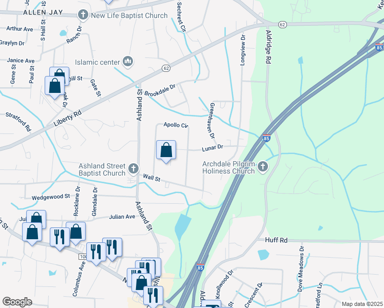 map of restaurants, bars, coffee shops, grocery stores, and more near 153 Apollo Cir in Archdale