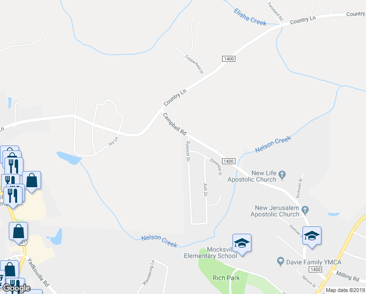 map of restaurants, bars, coffee shops, grocery stores, and more near 120 Summit Drive in Mocksville