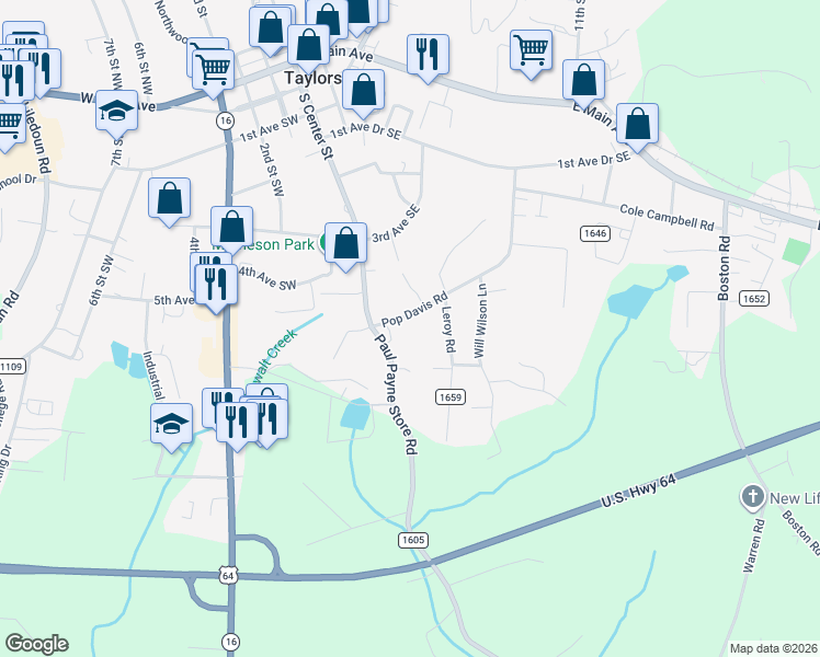 map of restaurants, bars, coffee shops, grocery stores, and more near 431 Pop Davis Road in Township of Taylorsville