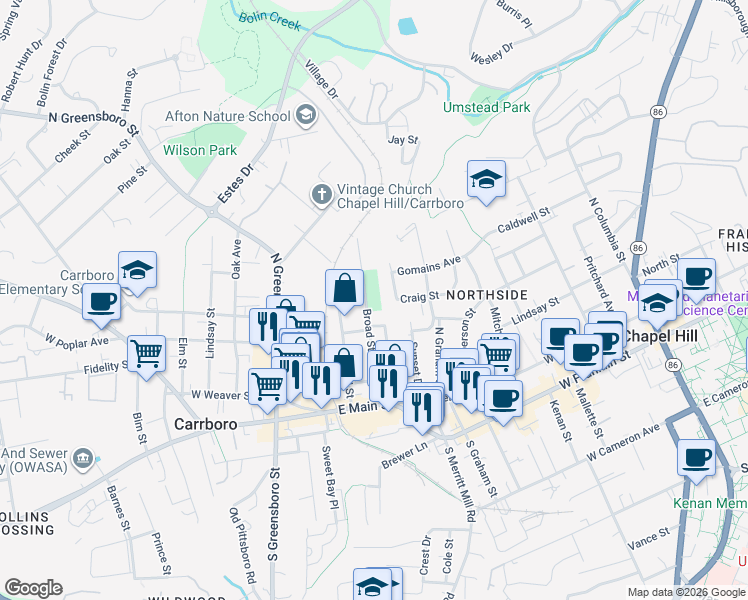 map of restaurants, bars, coffee shops, grocery stores, and more near 306 Broad Street in Carrboro