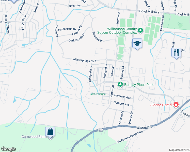 map of restaurants, bars, coffee shops, grocery stores, and more near 423 Verandah Lane in Franklin