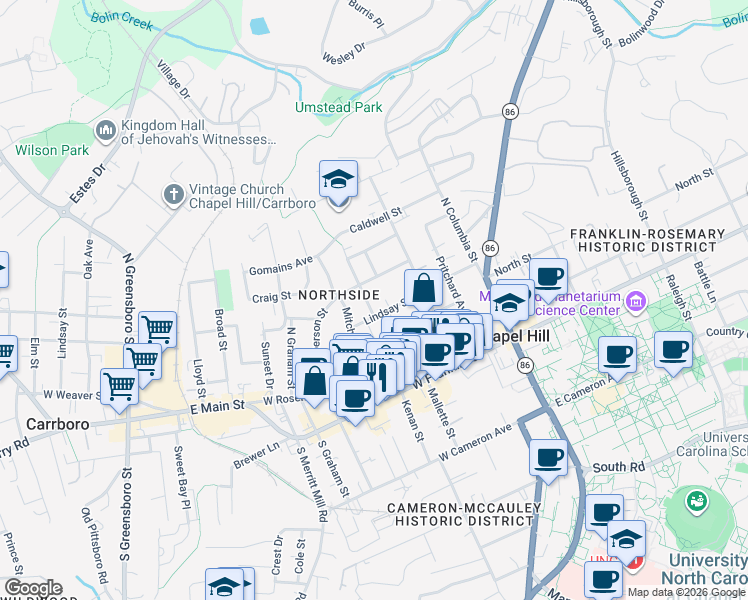 map of restaurants, bars, coffee shops, grocery stores, and more near 408A Cotton Street in Chapel Hill