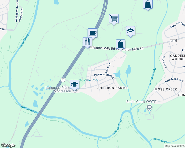 map of restaurants, bars, coffee shops, grocery stores, and more near 9910 Precious Stone Drive in Wake Forest