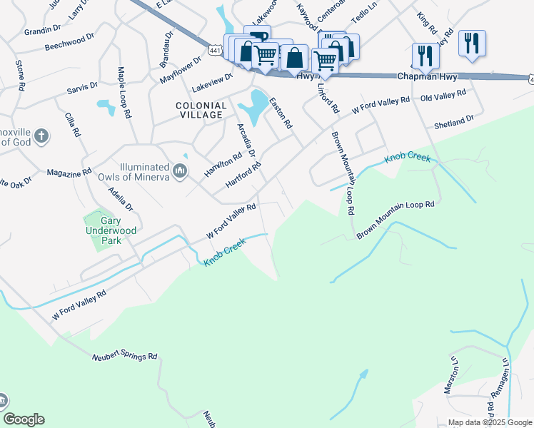 map of restaurants, bars, coffee shops, grocery stores, and more near 6308 Stonecress Lane Southwest in Knoxville