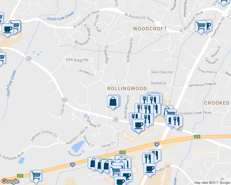map of restaurants, bars, coffee shops, grocery stores, and more near 4 Kersey Court in Durham