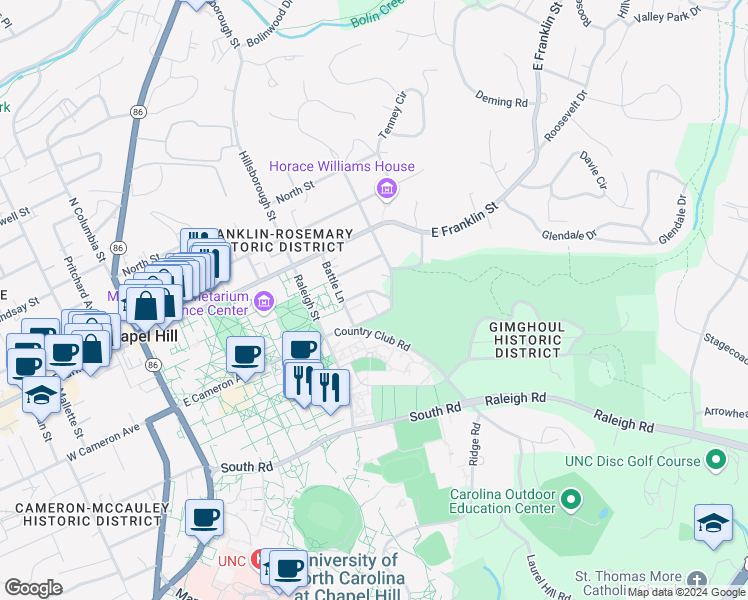 map of restaurants, bars, coffee shops, grocery stores, and more near 514 Senlac Road in Chapel Hill