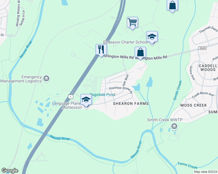 map of restaurants, bars, coffee shops, grocery stores, and more near 9904 Precious Stone Drive in Wake Forest