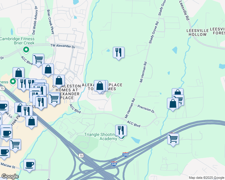 map of restaurants, bars, coffee shops, grocery stores, and more near 7643 Satinwing Lane in Raleigh