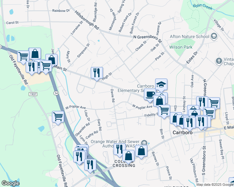 map of restaurants, bars, coffee shops, grocery stores, and more near 711 A W Main St in Carrboro