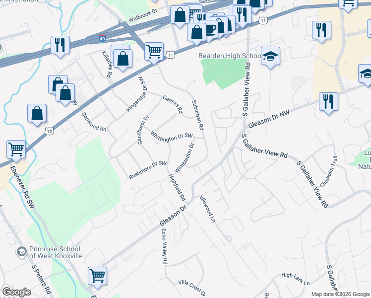 map of restaurants, bars, coffee shops, grocery stores, and more near 8609 Wimbledon Drive in Knoxville