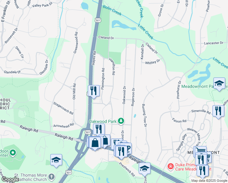 map of restaurants, bars, coffee shops, grocery stores, and more near 146 Hamilton Road in Chapel Hill