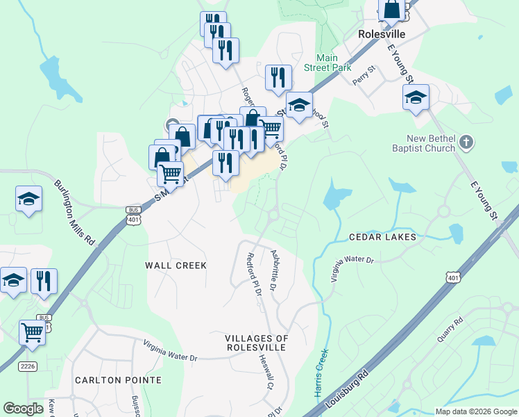 map of restaurants, bars, coffee shops, grocery stores, and more near 201 Redford Place Drive in Rolesville