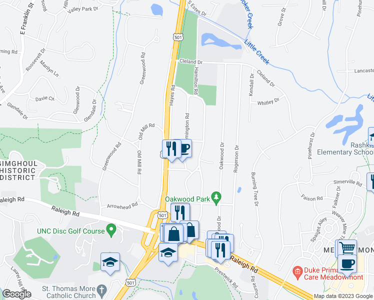 map of restaurants, bars, coffee shops, grocery stores, and more near 32 Flemington Road in Chapel Hill