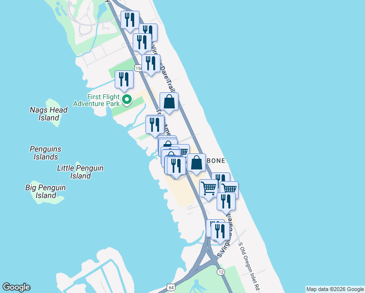 map of restaurants, bars, coffee shops, grocery stores, and more near 7001 South Croatan Highway in Nags Head