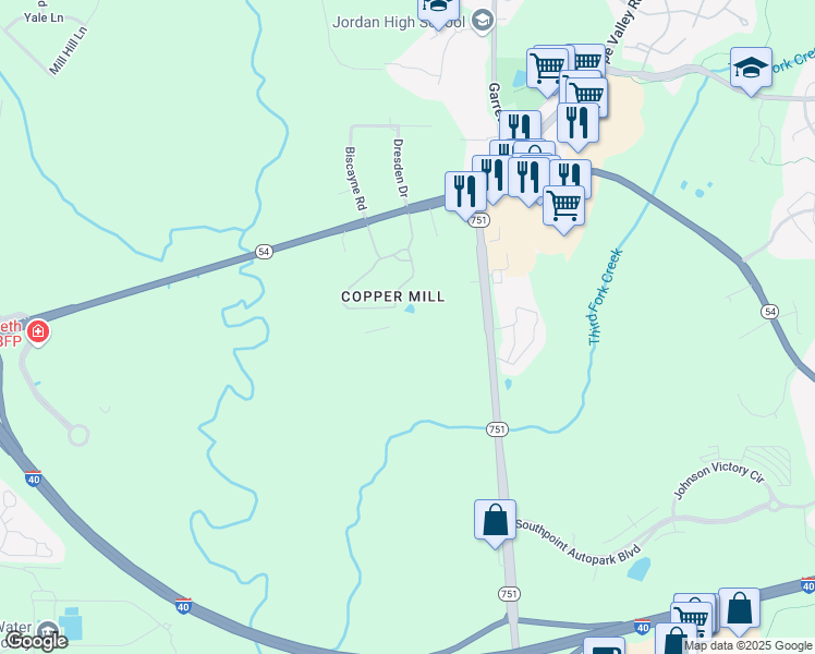 map of restaurants, bars, coffee shops, grocery stores, and more near 5105 Copper Ridge Drive in Durham