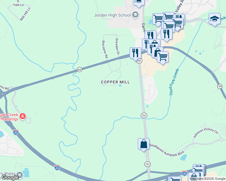 map of restaurants, bars, coffee shops, grocery stores, and more near 3000 Southpoint Landing Way in Durham