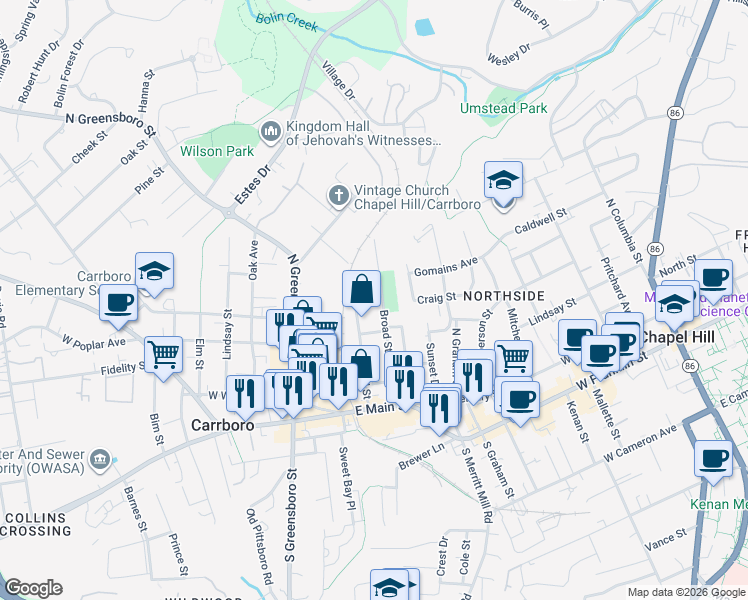 map of restaurants, bars, coffee shops, grocery stores, and more near 410 Lloyd Street in Carrboro
