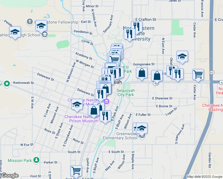 map of restaurants, bars, coffee shops, grocery stores, and more near 113 East Shawnee Street in Tahlequah