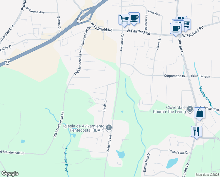 map of restaurants, bars, coffee shops, grocery stores, and more near 203 Circle Drive in Archdale