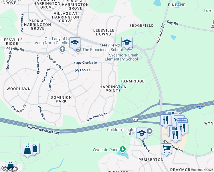 map of restaurants, bars, coffee shops, grocery stores, and more near 7827 Cape Charles Drive in Raleigh