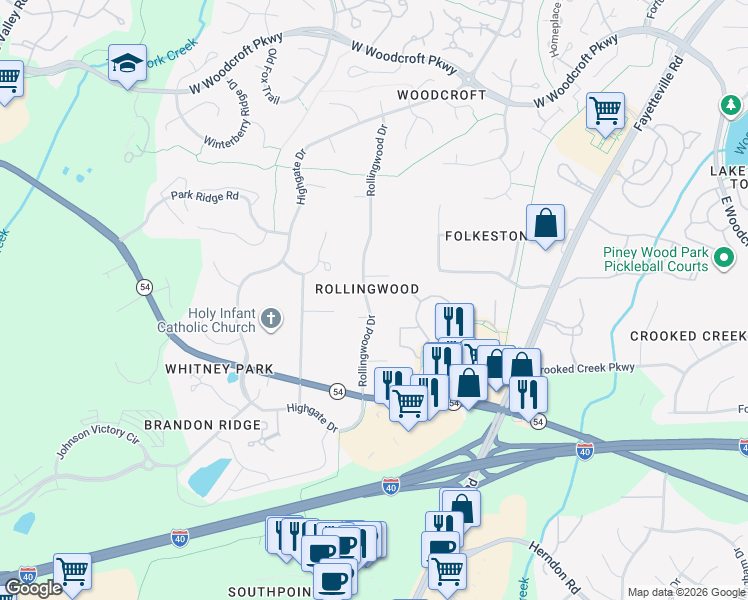 map of restaurants, bars, coffee shops, grocery stores, and more near 4811 Rollingwood Drive in Durham