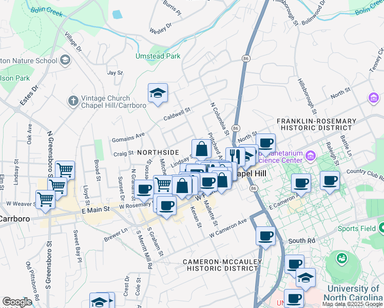 map of restaurants, bars, coffee shops, grocery stores, and more near 308 Lindsay Street in Chapel Hill