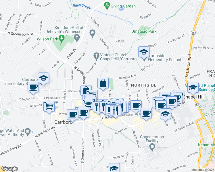 map of restaurants, bars, coffee shops, grocery stores, and more near 309 Broad Street in Carrboro