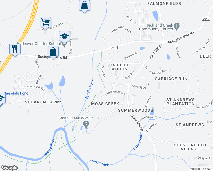 map of restaurants, bars, coffee shops, grocery stores, and more near 2713 Gross Avenue in Wake Forest