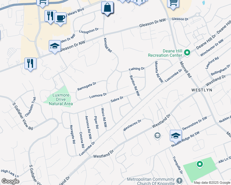 map of restaurants, bars, coffee shops, grocery stores, and more near 7736 Luxmore Drive in Knoxville