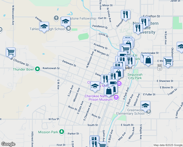 map of restaurants, bars, coffee shops, grocery stores, and more near 425 West Delaware Street in Tahlequah