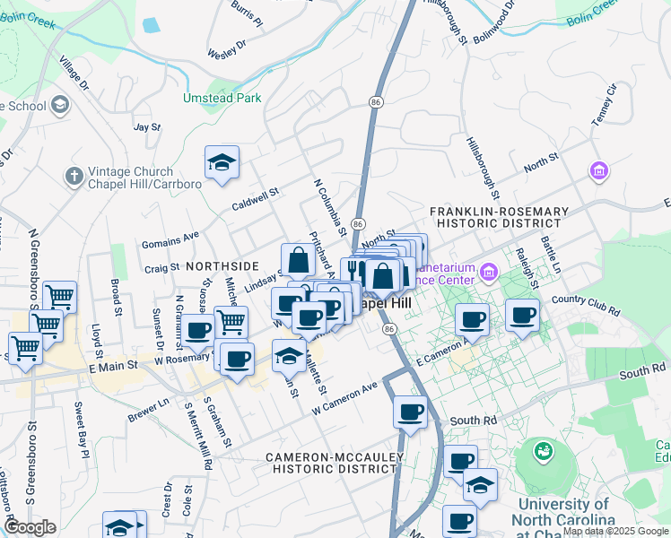 map of restaurants, bars, coffee shops, grocery stores, and more near 212 Pritchard Avenue in Chapel Hill
