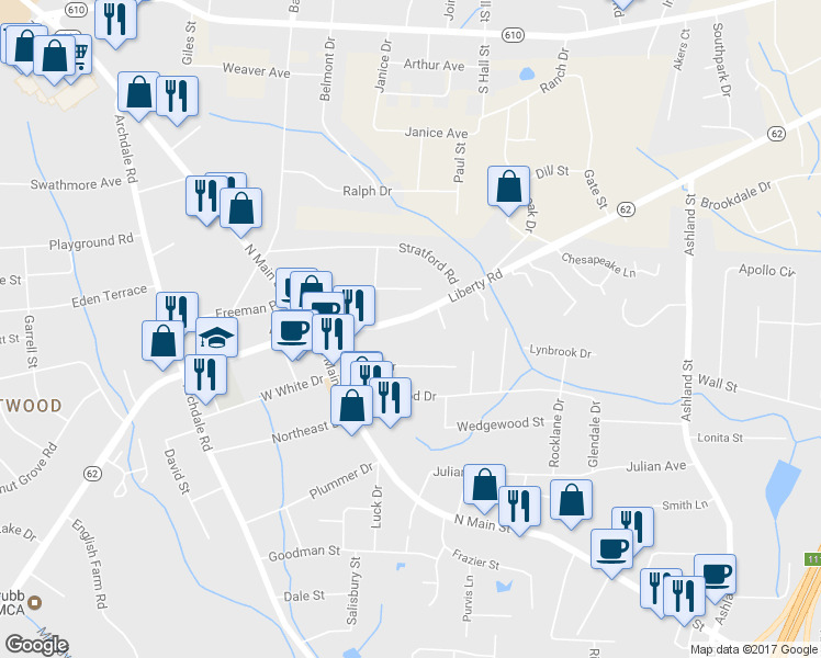 map of restaurants, bars, coffee shops, grocery stores, and more near 234 Liberty Road in Archdale