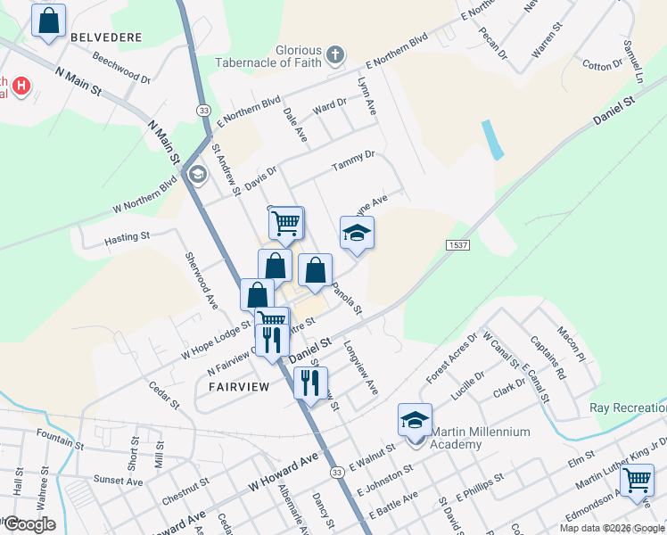 map of restaurants, bars, coffee shops, grocery stores, and more near 2203 Panola Street in Tarboro
