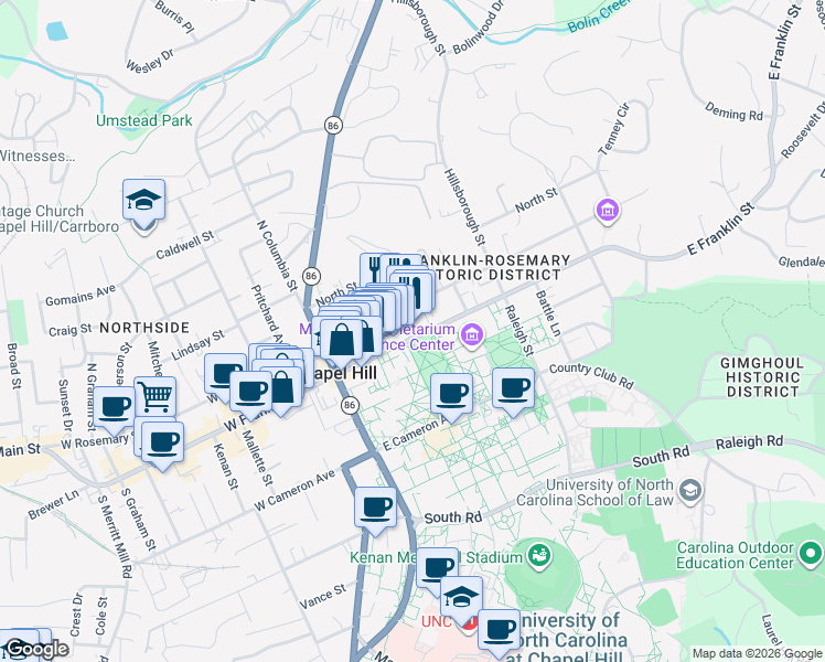 map of restaurants, bars, coffee shops, grocery stores, and more near 201A East Franklin Street in Chapel Hill