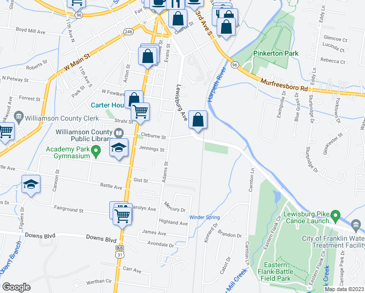 map of restaurants, bars, coffee shops, grocery stores, and more near 310 Stewart Street in Franklin