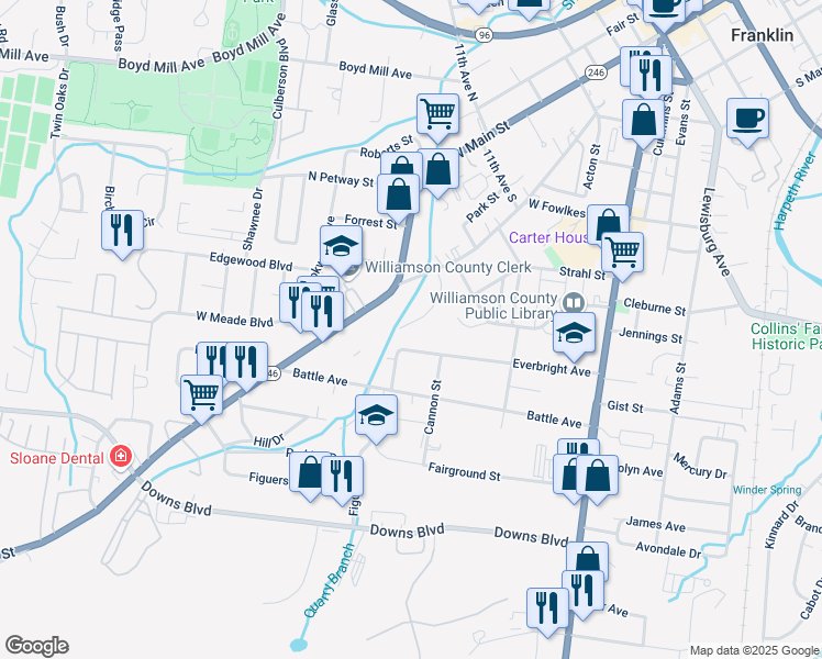 map of restaurants, bars, coffee shops, grocery stores, and more near 173 Spring Street in Franklin