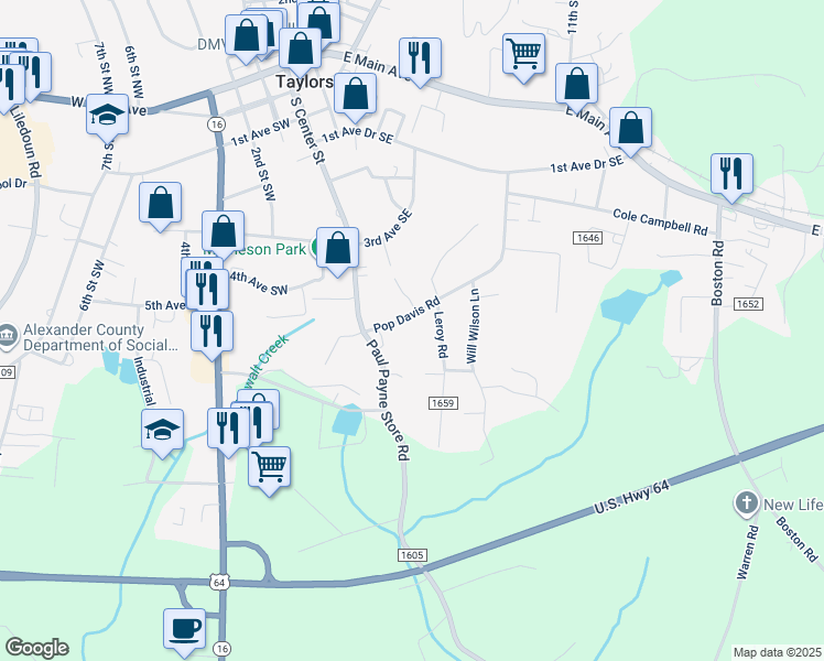 map of restaurants, bars, coffee shops, grocery stores, and more near 419 Pop Davis Road in Taylorsville