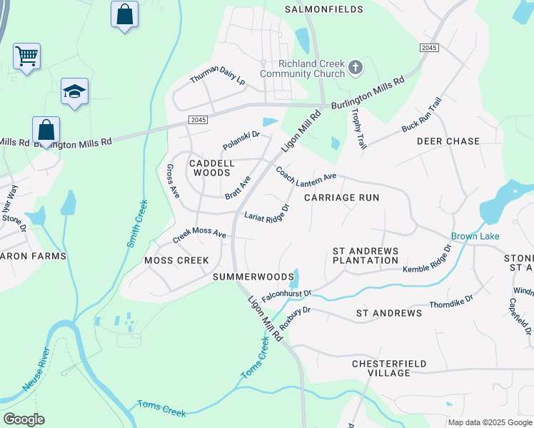 map of restaurants, bars, coffee shops, grocery stores, and more near 3121 Lariat Ridge Drive in Wake Forest
